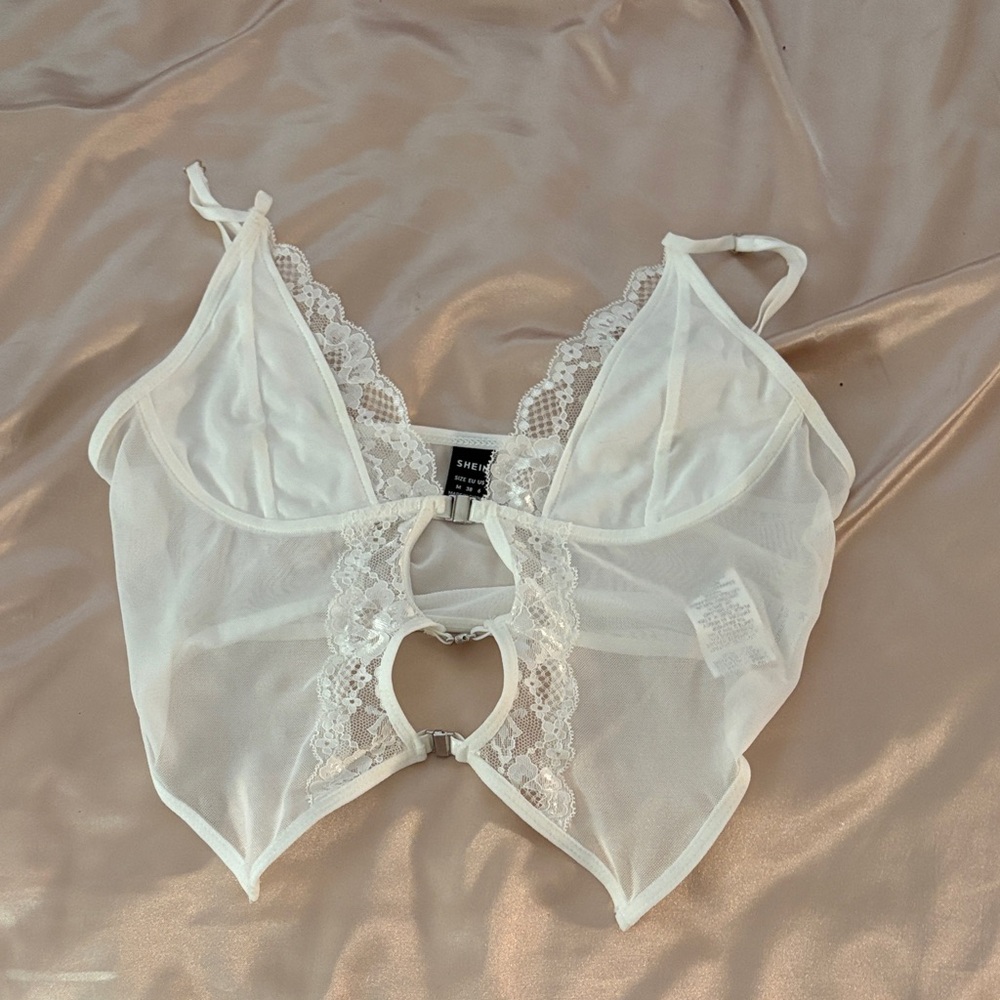 SHEIN White Lace Mesh Bralette with Front Cutout